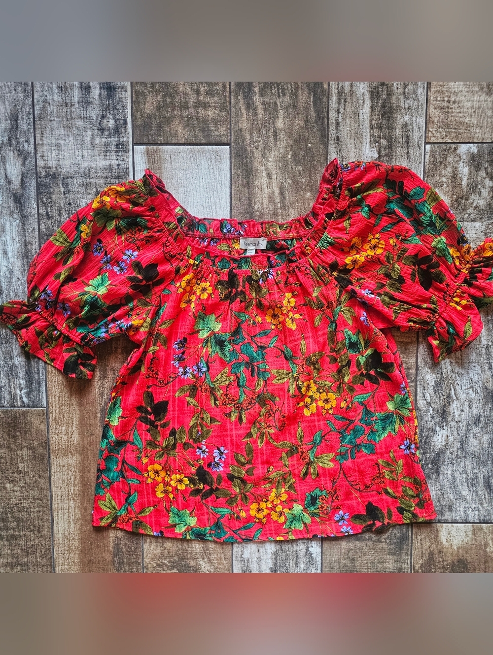 Red Floral Puff Sleeve Top Cottagecore Coastal Cowgirl Boho Blouse M